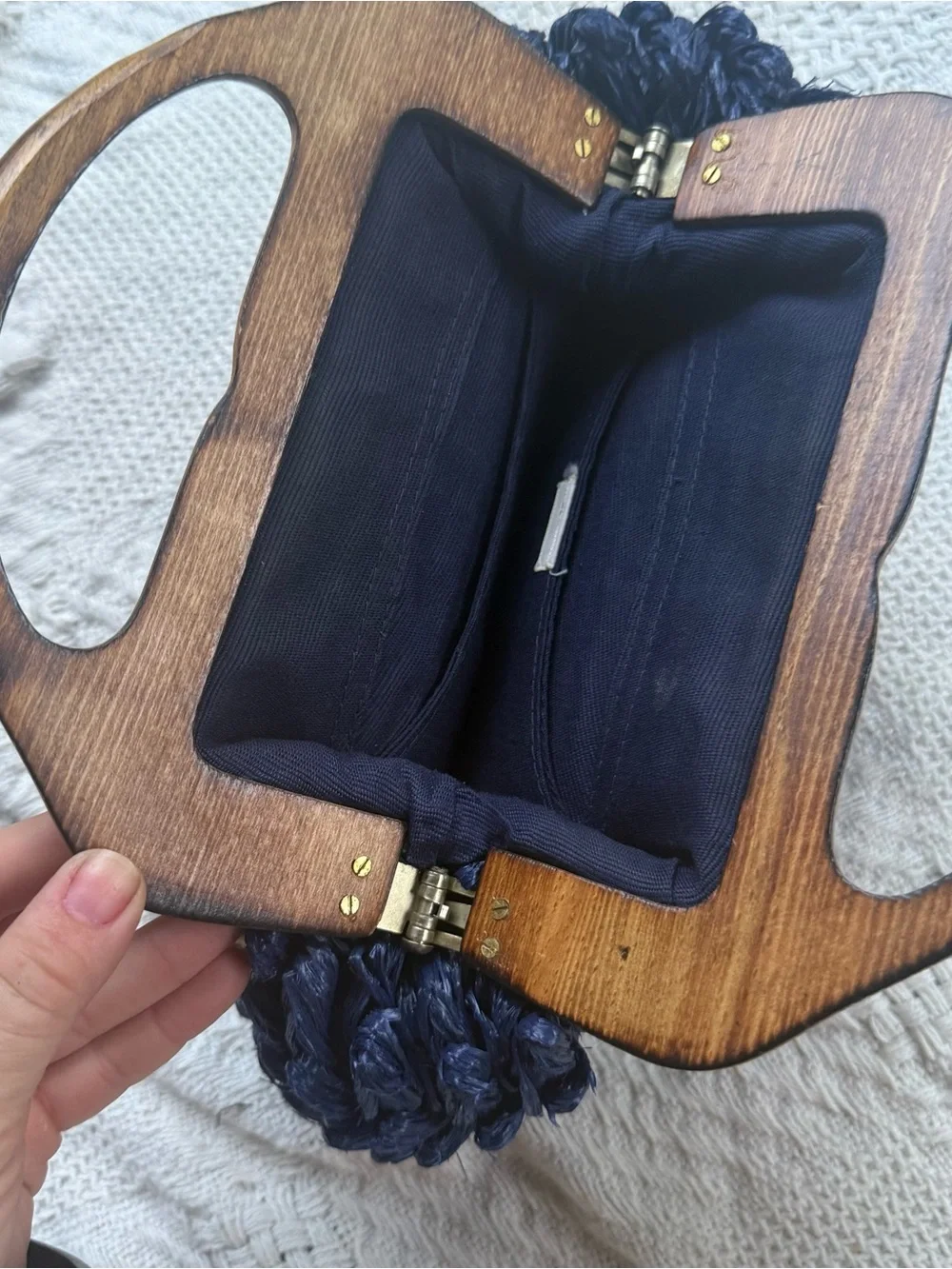 Vintage Blue Raffia Straw Purse Basket Weave Wood Handle Made in Japan Bohemian